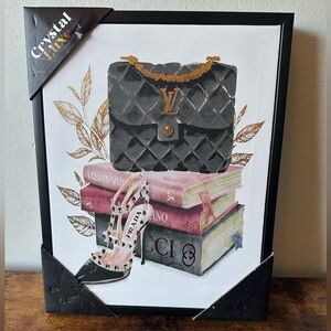 Luxury Designer Canvas Framed Wall Art Decor Book Stack with Purse & Heels NWT
